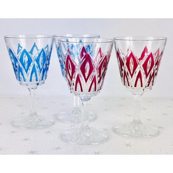 Vintage 1950s wine glasses, VCM Reims French cups, Harlequin pattern, set of 4 - Picture 4 of 9